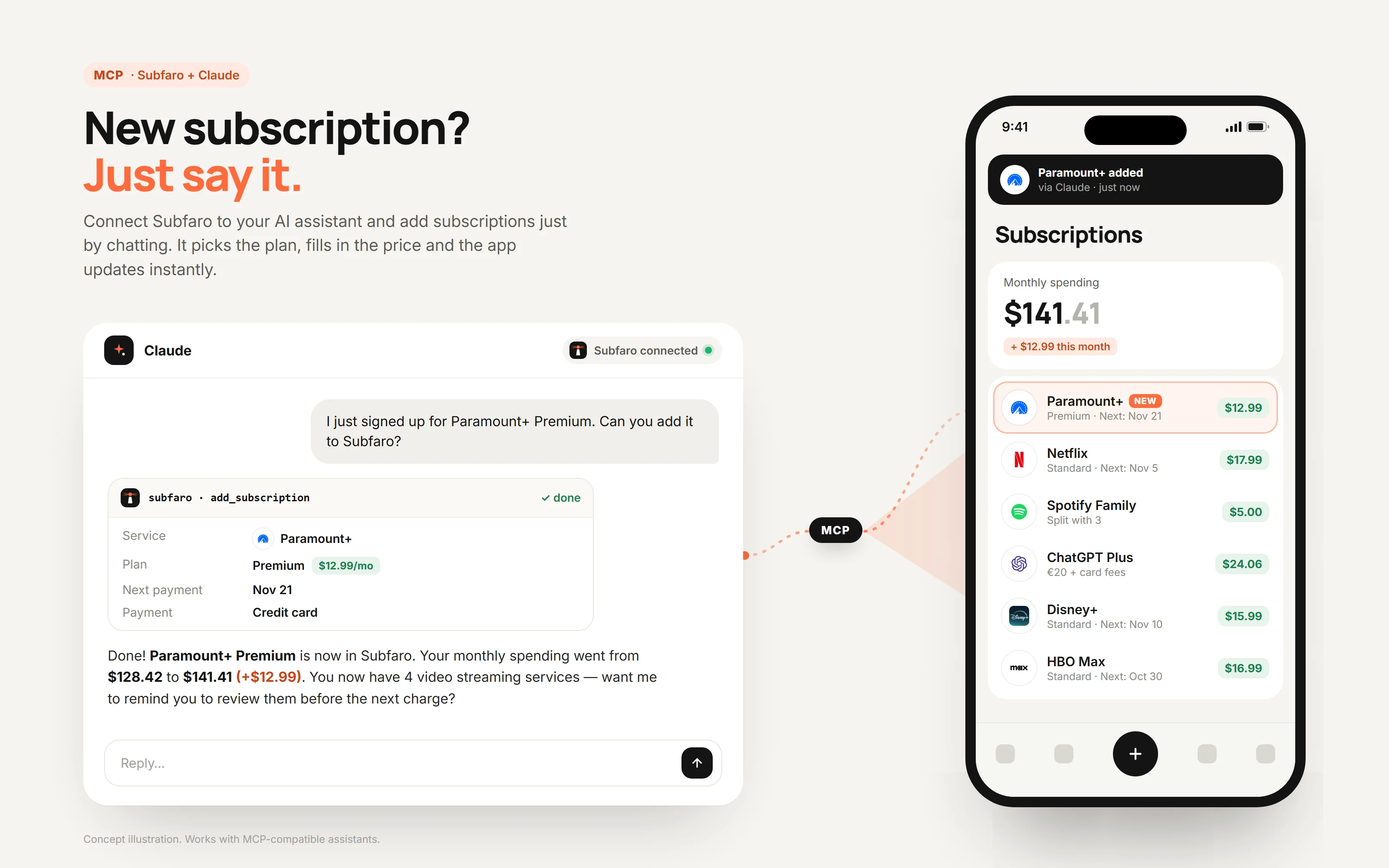A chat where the user asks Claude to add Paramount+ Premium and the Subfaro app shows the new subscription