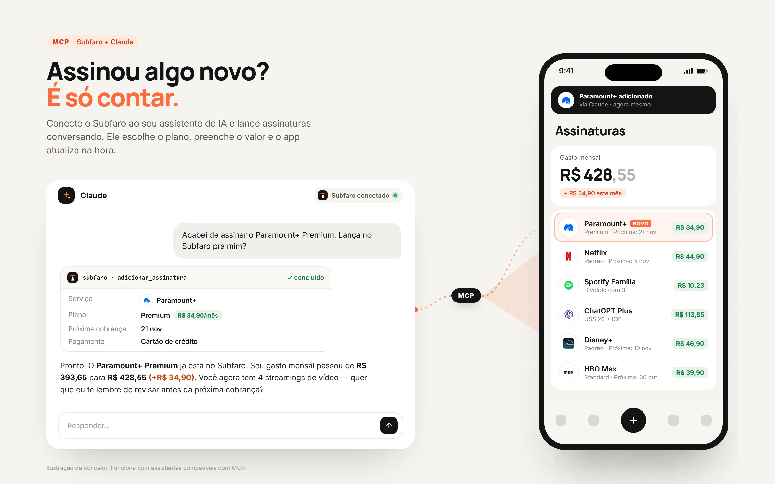 Conversa em que o usuário pede ao Claude para lançar o Paramount+ Premium e o app do Subfaro mostra a assinatura adicionada