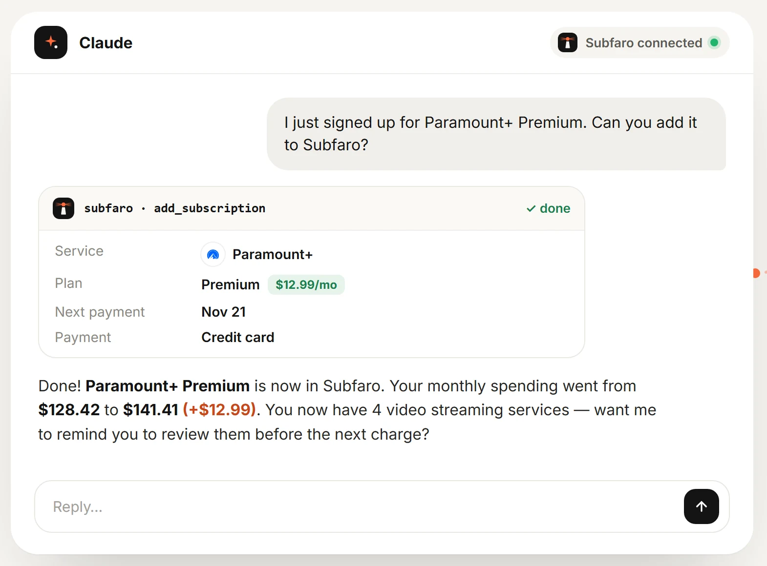 Chat with an AI assistant: the user asks to add Paramount+ Premium and the assistant adds the subscription to Subfaro