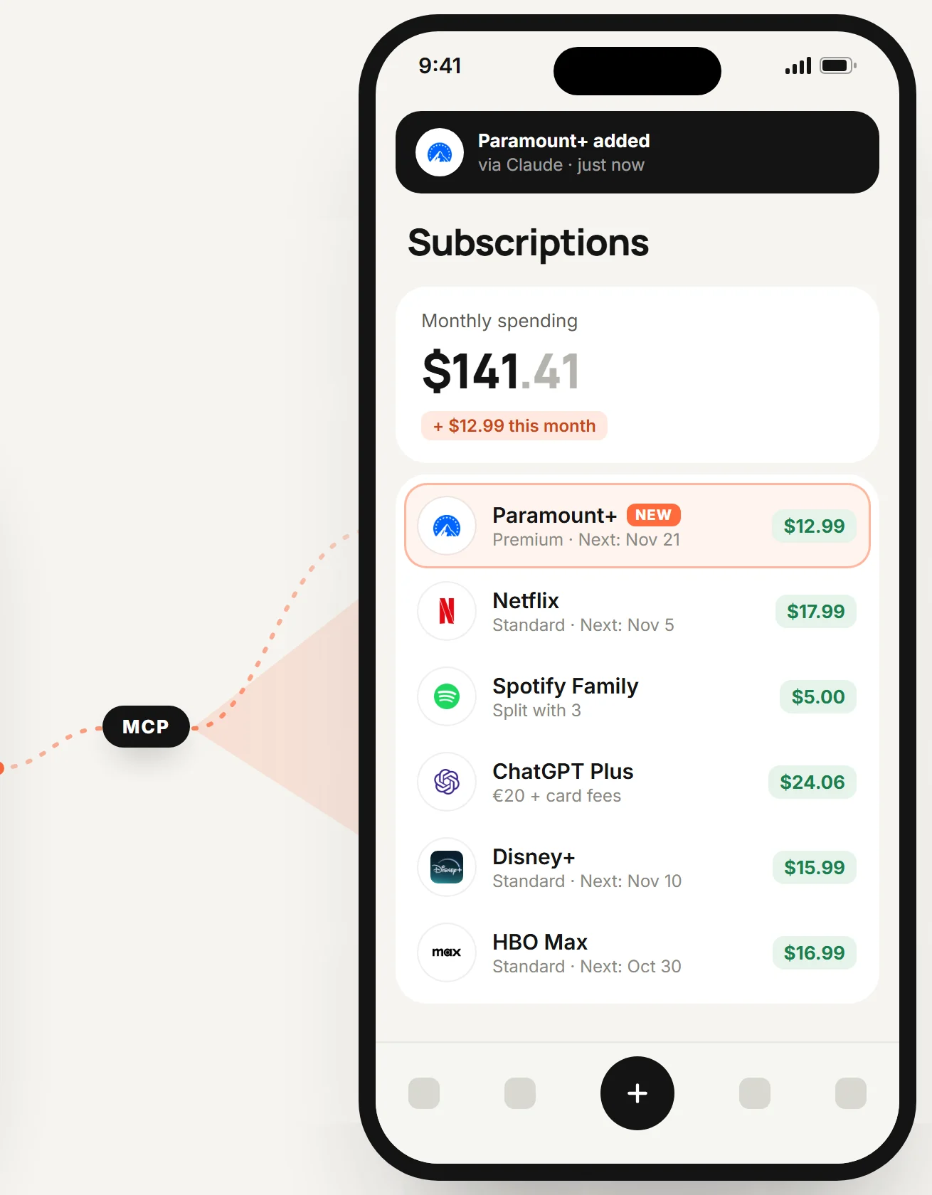 Subfaro app showing the newly added Paramount+ and the new monthly spending
