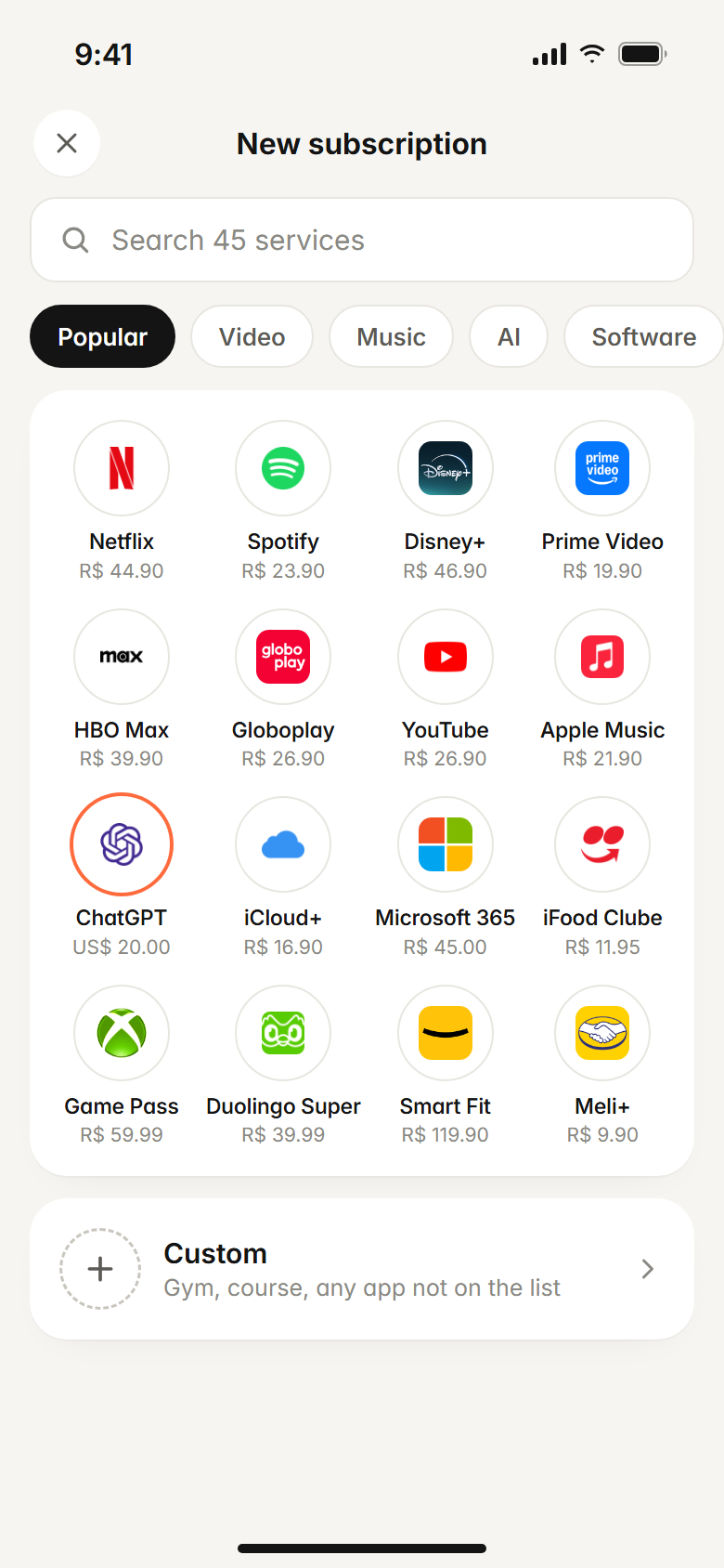 Add subscription screen with the service catalog