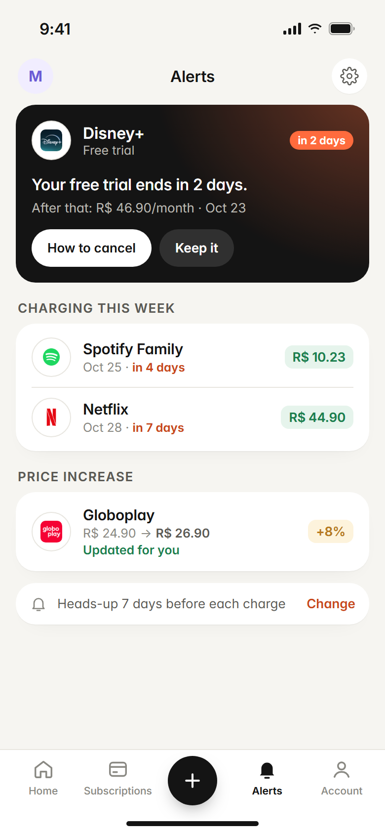 Alerts screen: the Disney+ trial ends in 2 days