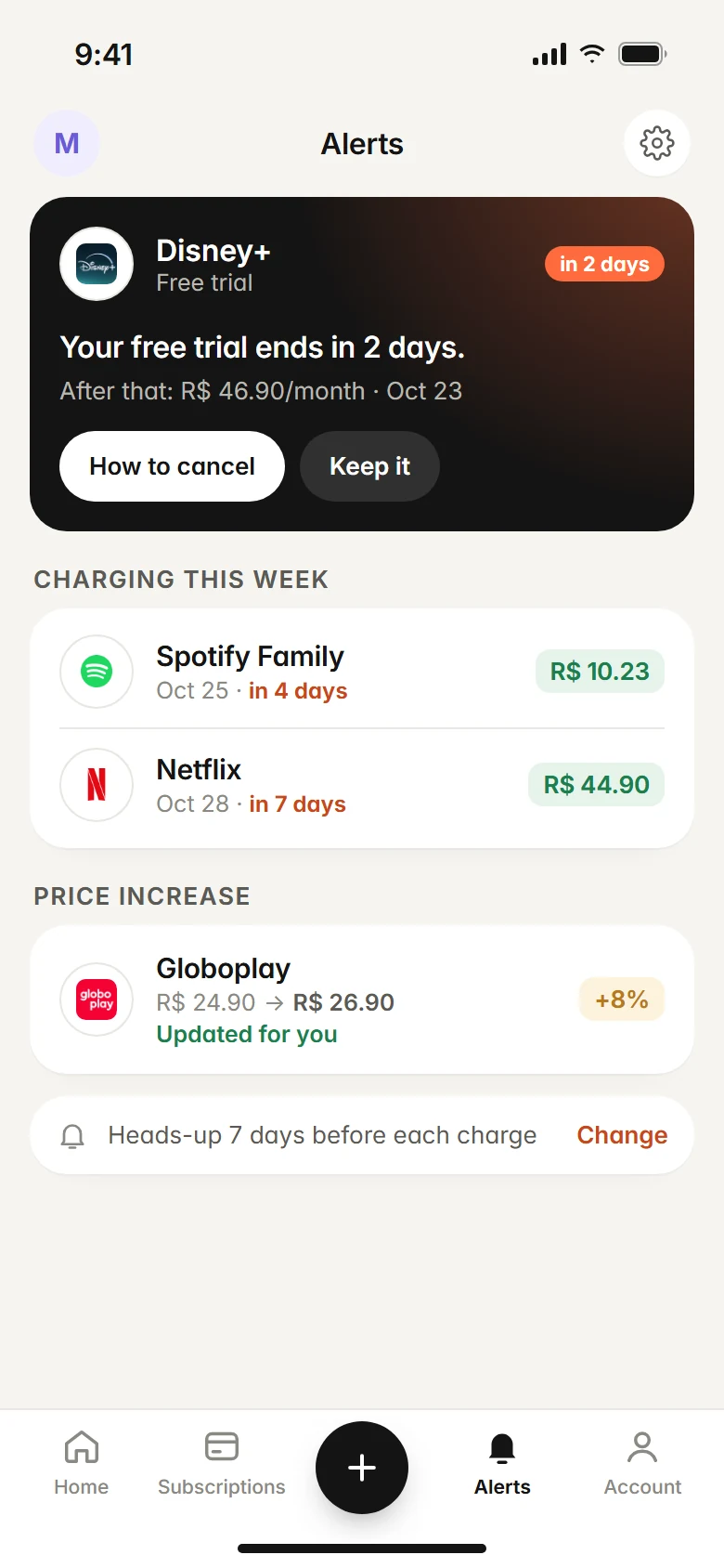 Subfaro alerts screen showing upcoming charge reminders