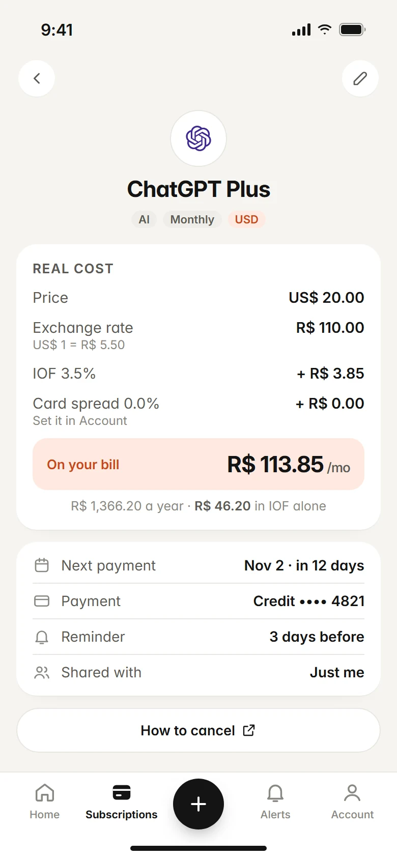 Subfaro subscription detail screen with the real cost breakdown, next payment date, reminder and Shared with field