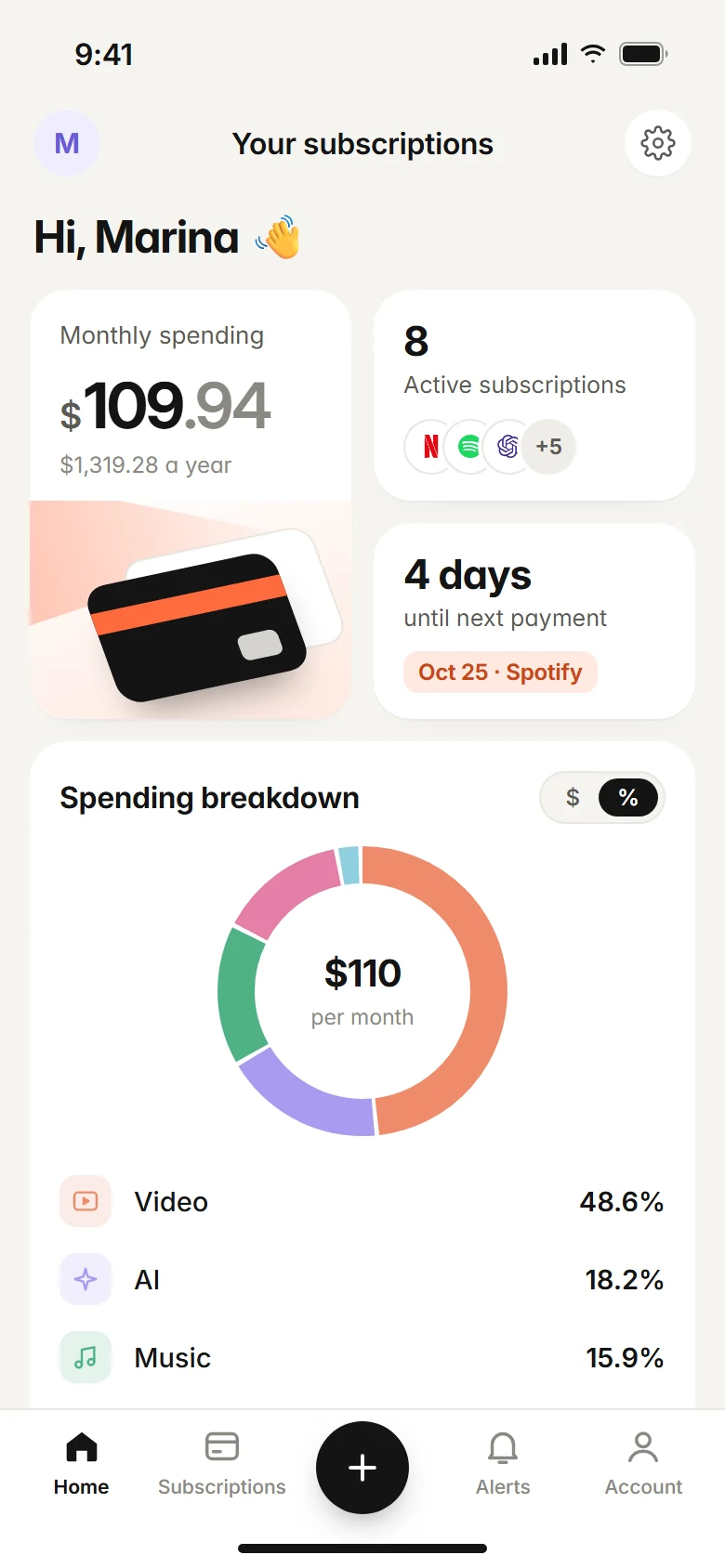 Subfaro home screen showing monthly subscription spending and upcoming charges