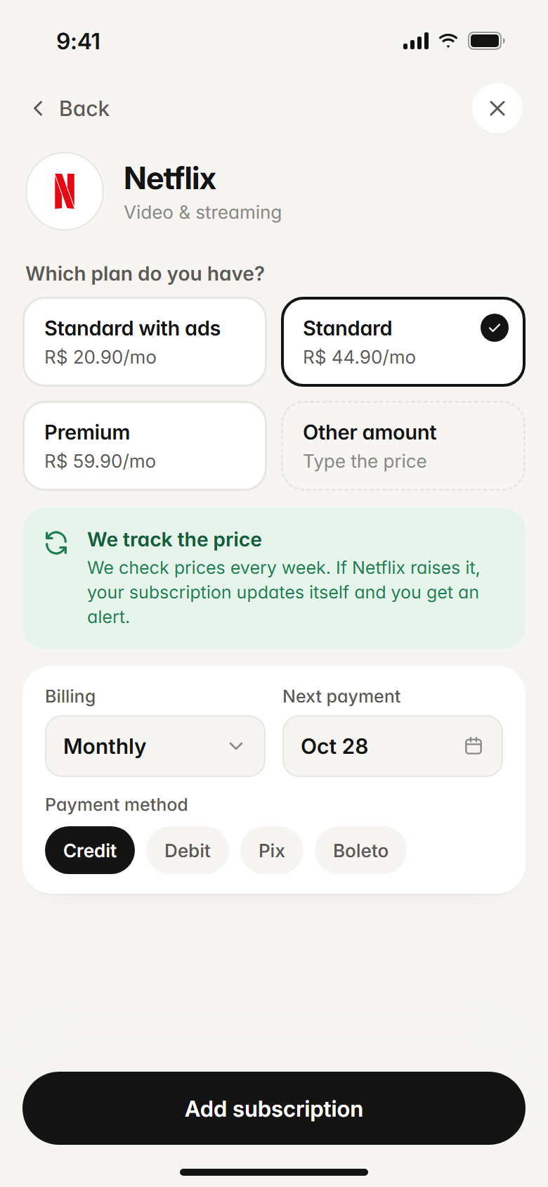 Picking a Netflix plan: Standard with ads, Standard or Premium, with the price kept up to date automatically
