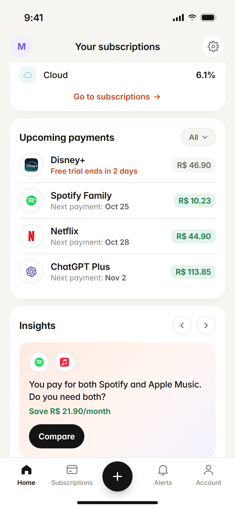 Upcoming payments and an insight: you pay for both Spotify and Apple Music