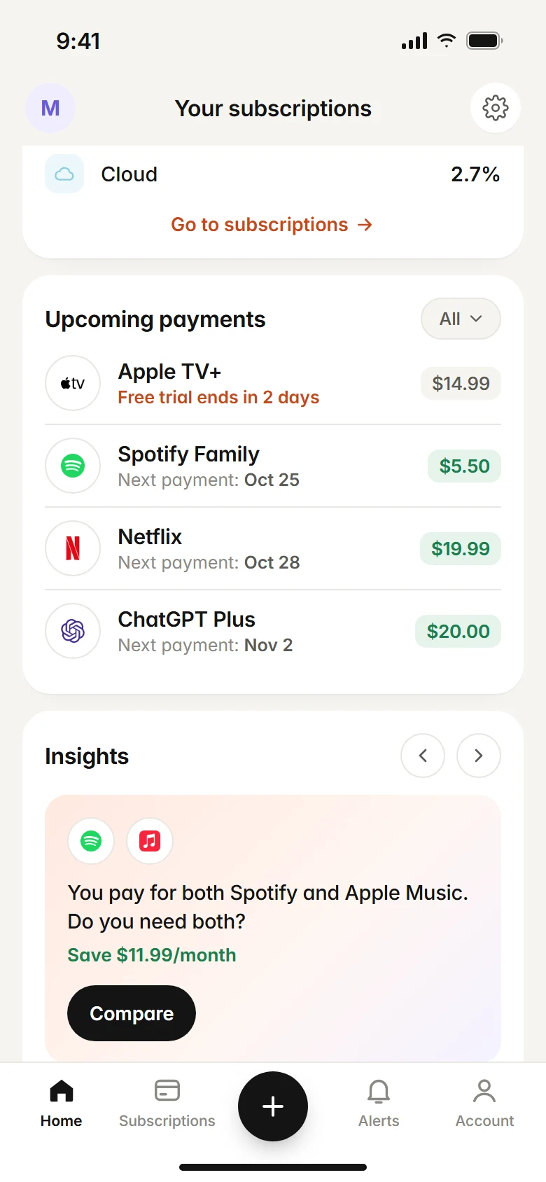 Subfaro calendar of upcoming charges showing subscription renewal dates