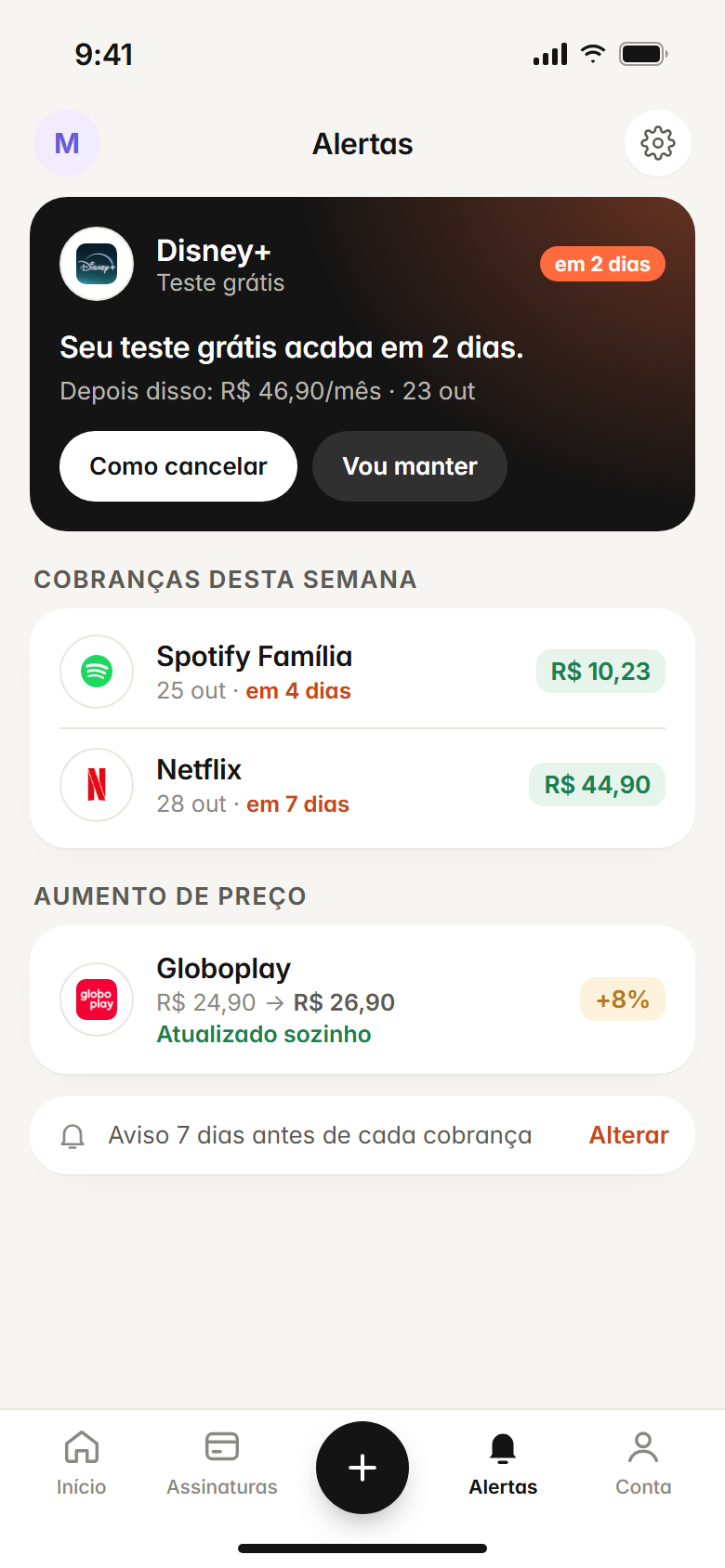 Tela de alertas: o teste do Disney+ acaba em 2 dias, cobranças da semana e o reajuste do Globoplay