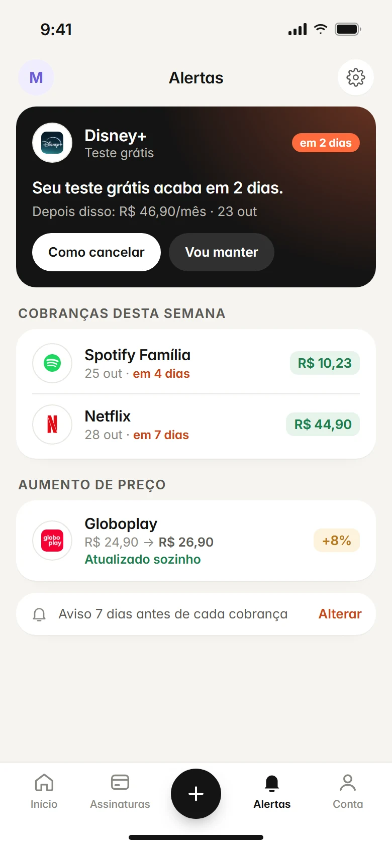 Alertas do Subfaro antes de cada cobrança