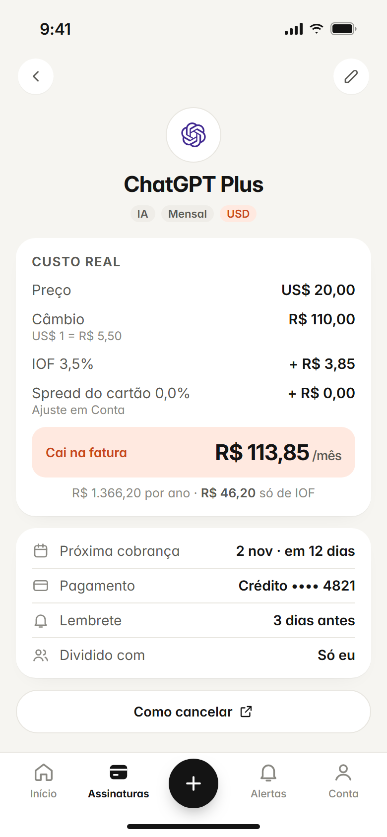 Detalhe do ChatGPT Plus: US$ 20 viram R$ 113,85 na fatura com câmbio e IOF