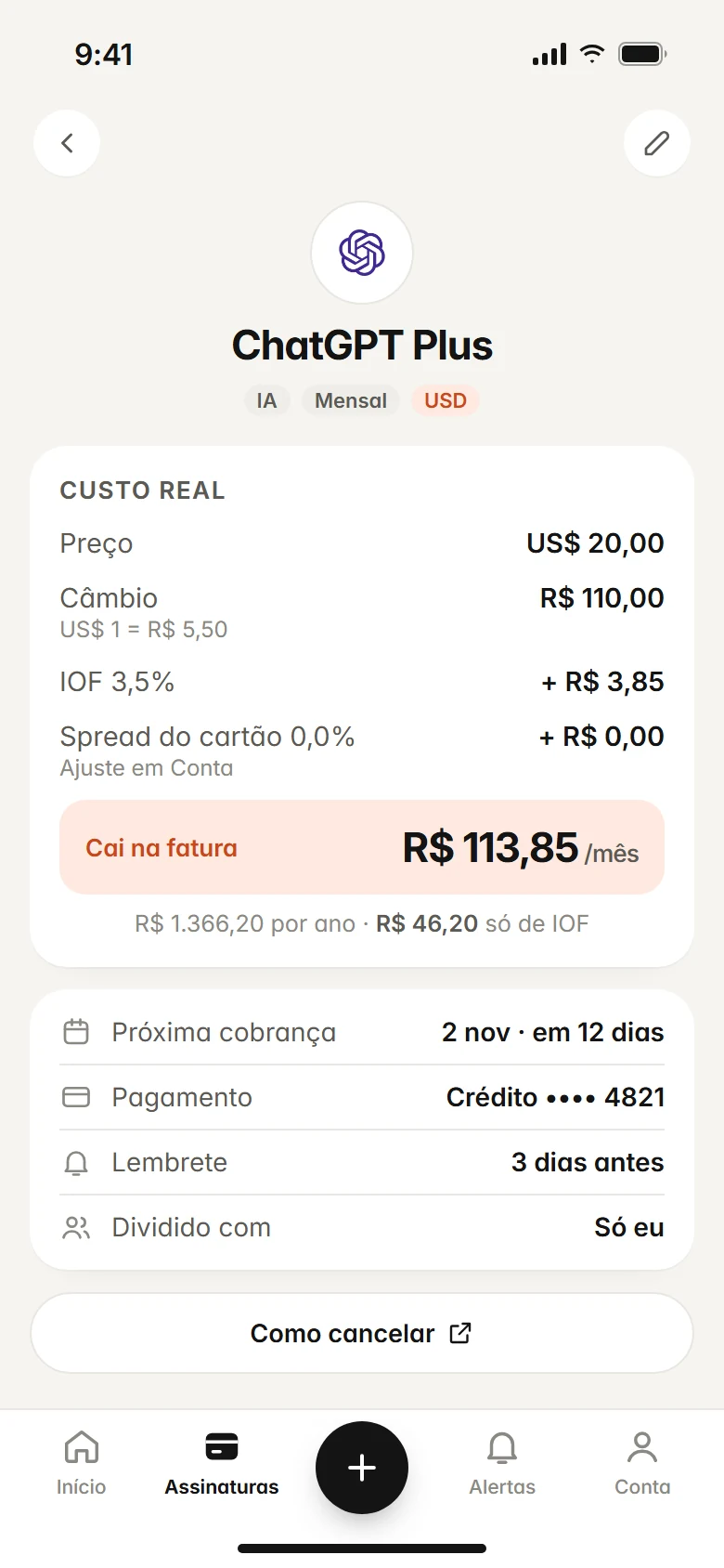 Tela de uma assinatura no Subfaro com a próxima cobrança, o lembrete e o botão Como cancelar