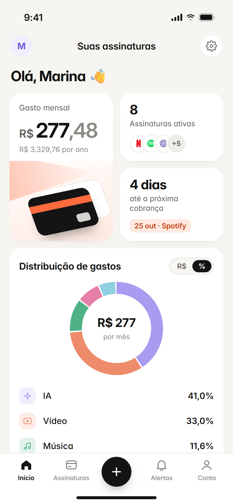 Tela inicial do app no celular com o gasto do mês