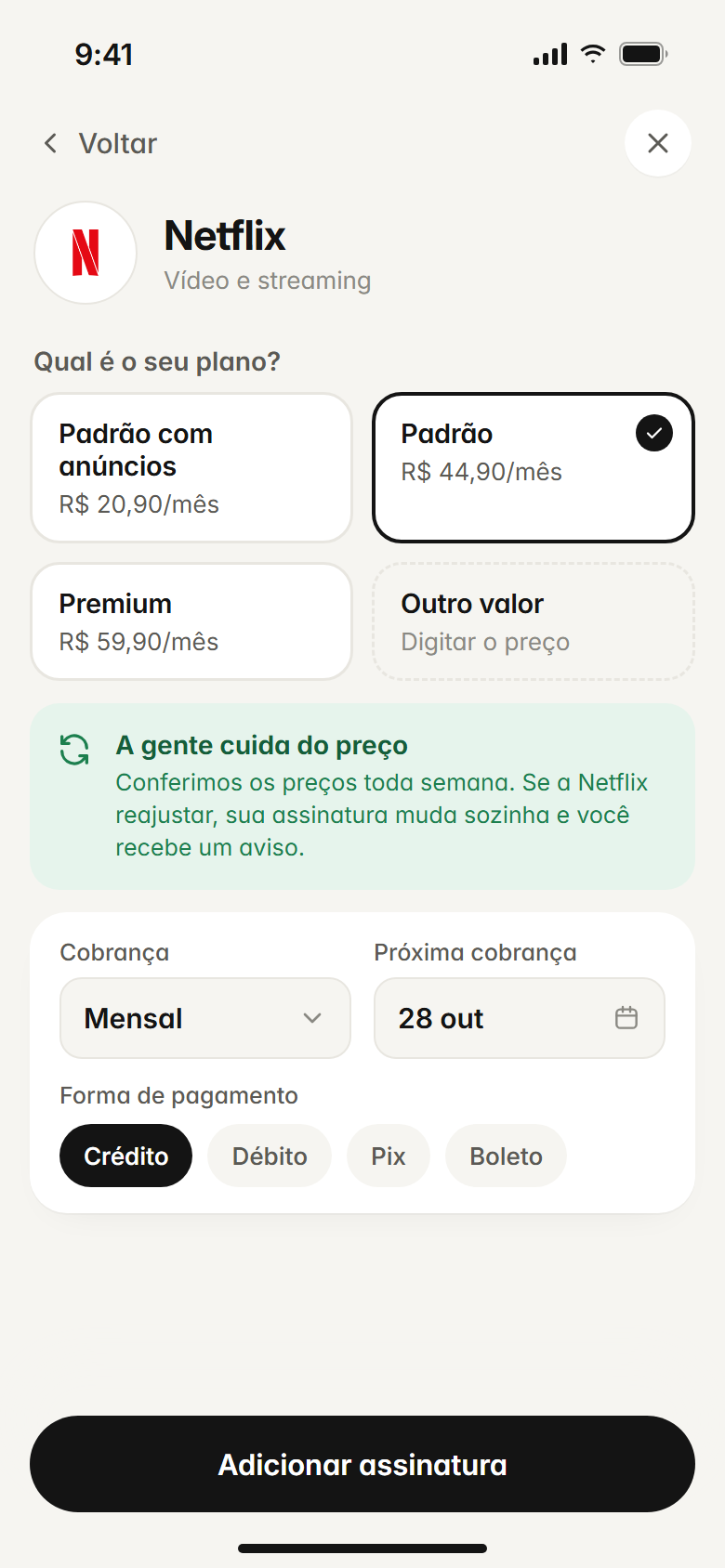 Escolha do plano da Netflix: Padrão com anúncios, Padrão ou Premium, com o preço atualizado automaticamente