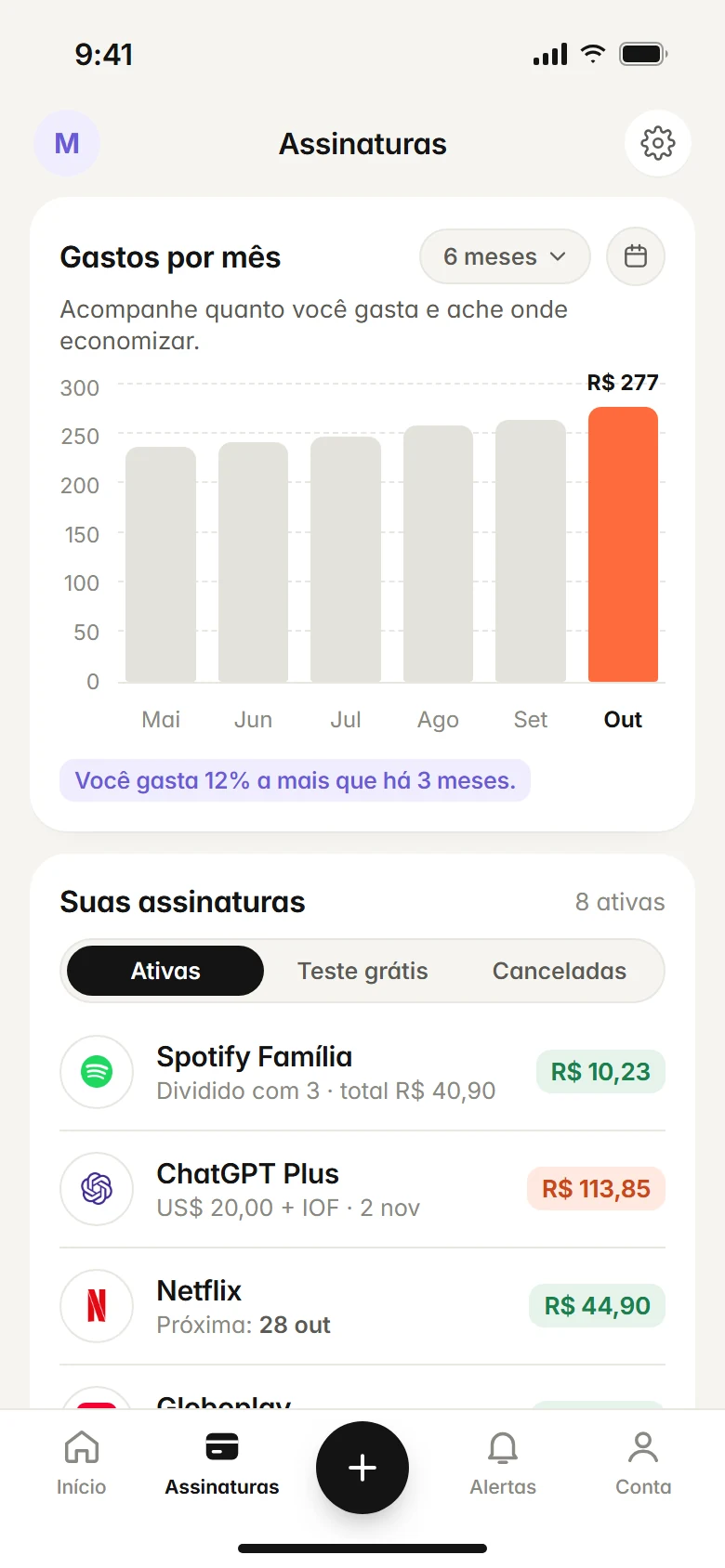 Tela da lista de assinaturas no app Subfaro