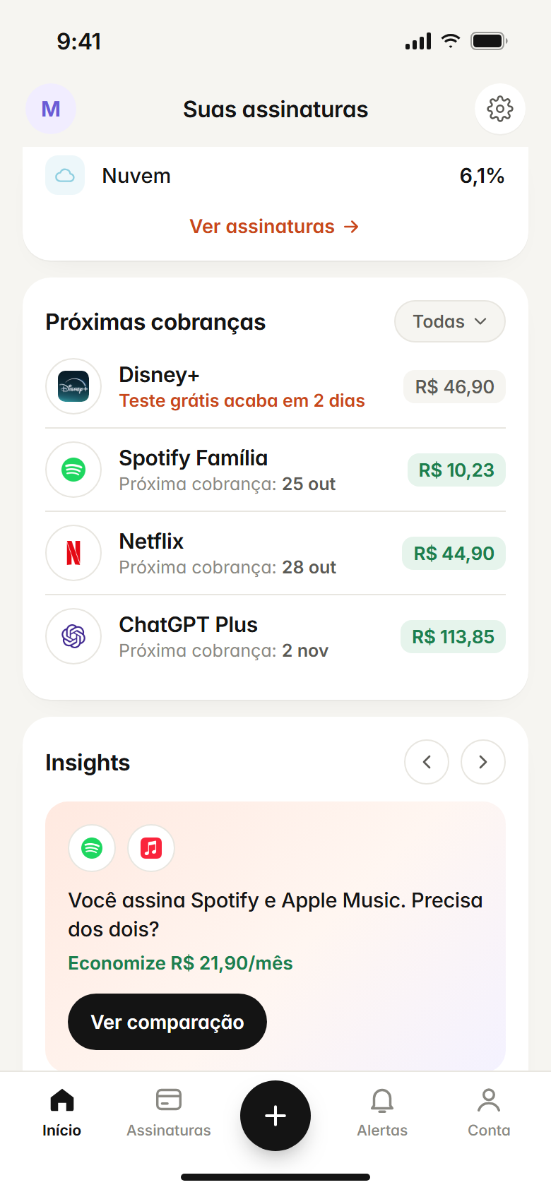 Próximas cobranças e insight sobre Spotify e Apple Music