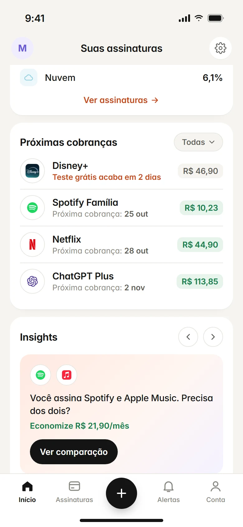 Calendário de próximas cobranças no Subfaro com as datas de renovação das assinaturas